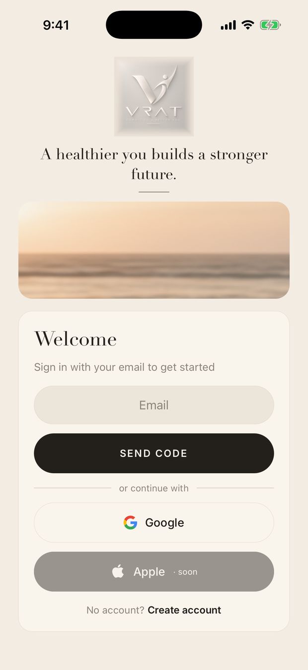 The VRAT Care app welcome screen, with the logo, the line “A healthier you builds a stronger future.” and the sign-in options
